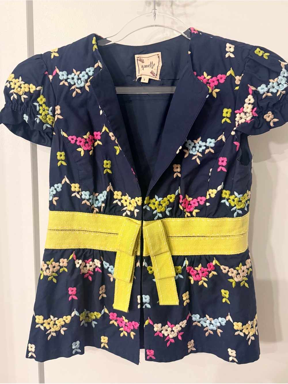 Nanette Lepore Navy Blue Embroidered Floral Cotton Jacket / Top Size 2